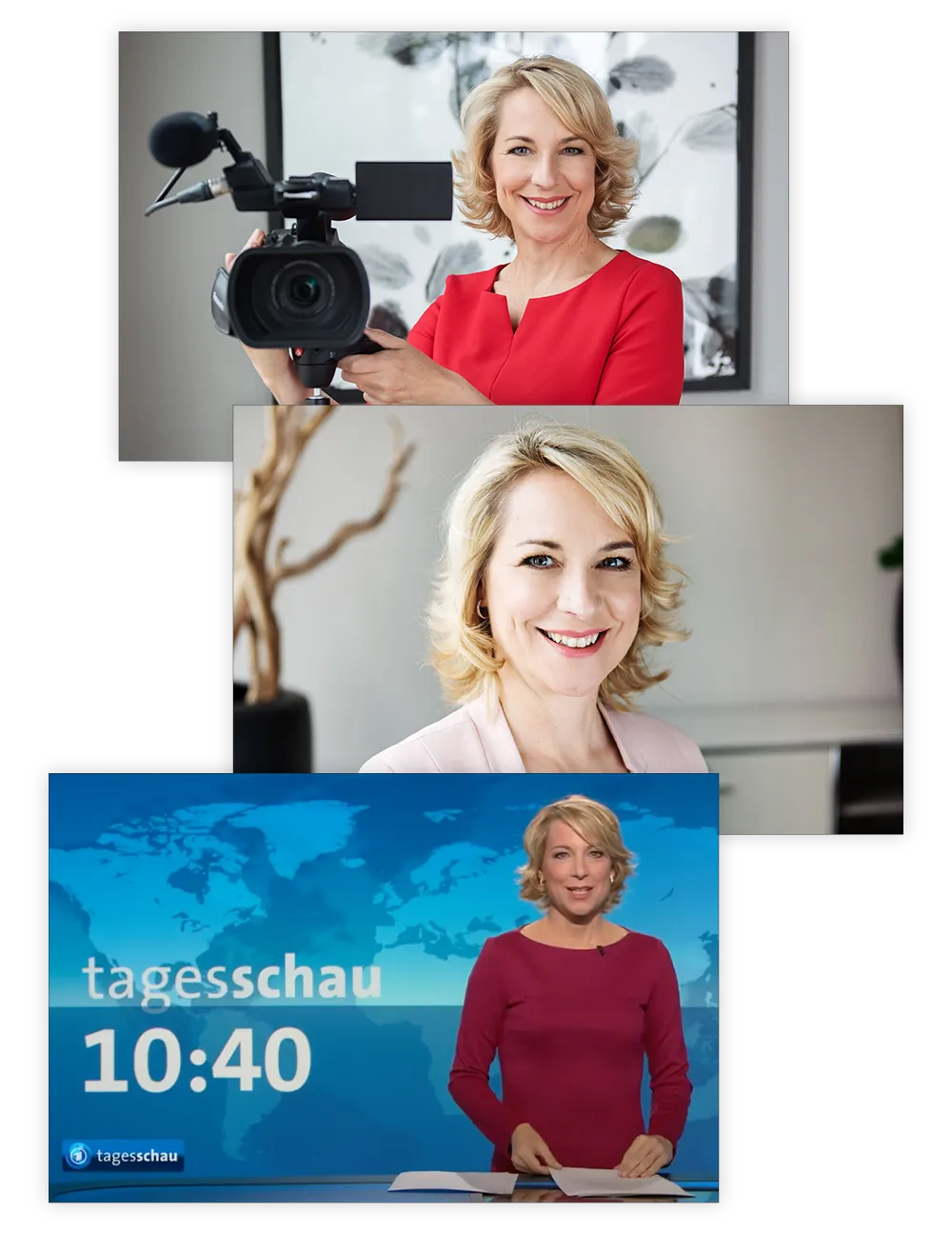 Ina Böttcher, mit Kamera, im Porträt und als Tagesschau-Sprecherin